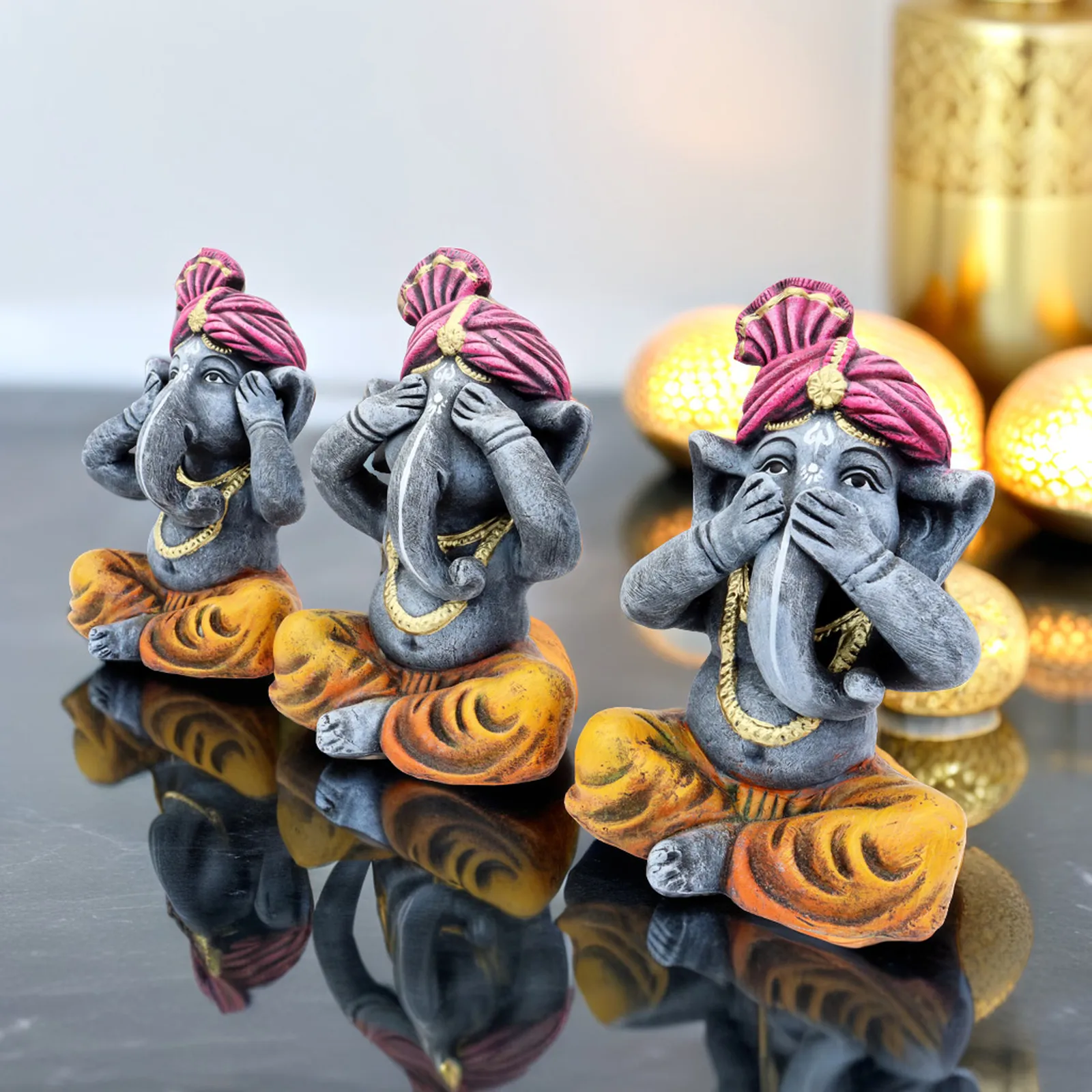 Ganesha Trio - Purple-Orange | Handmade Terracotta Clay Figurine | Abstract Terracotta Showpieces