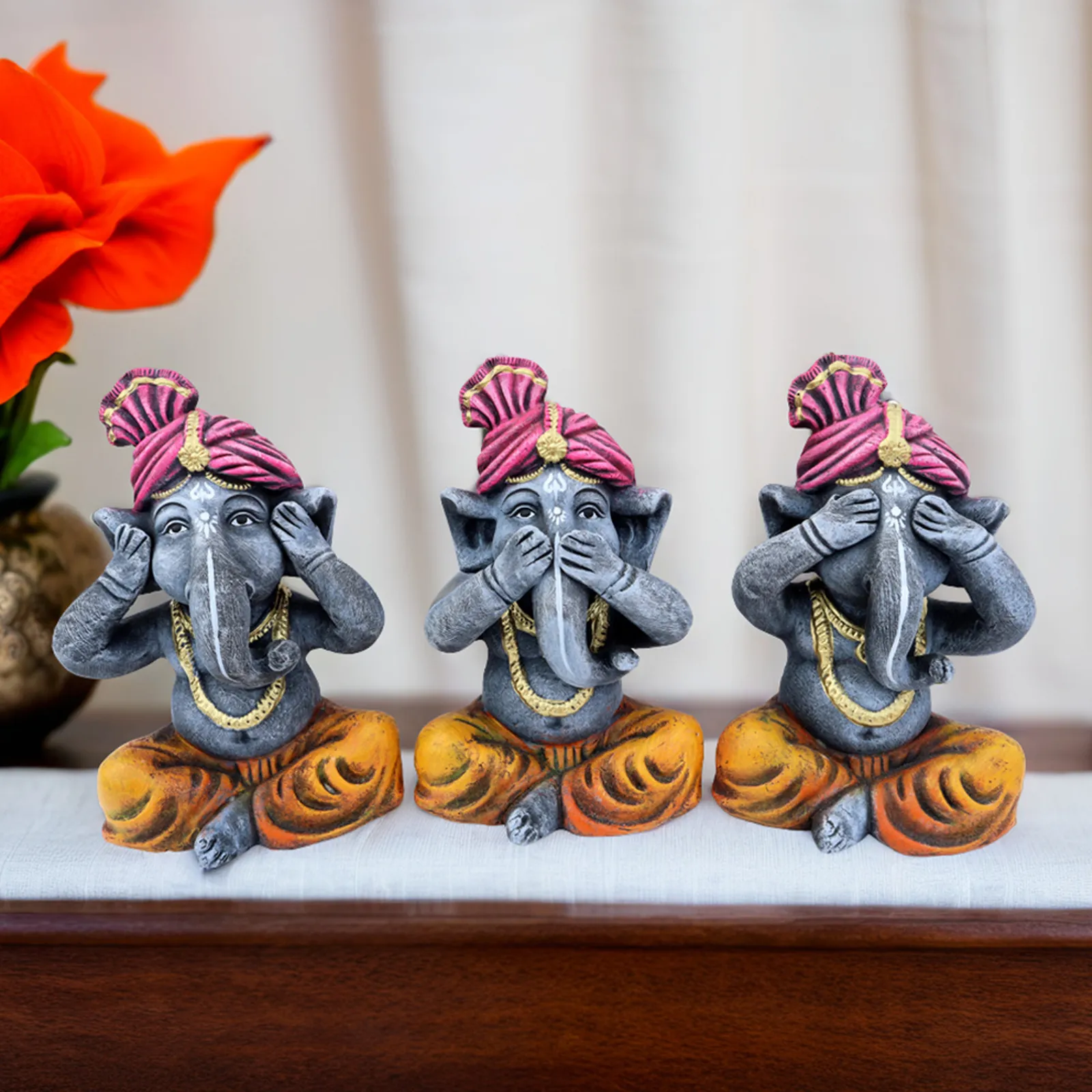 Ganesha Trio - Purple-Orange | Handmade Terracotta Clay Figurine | Abstract Terracotta Showpieces