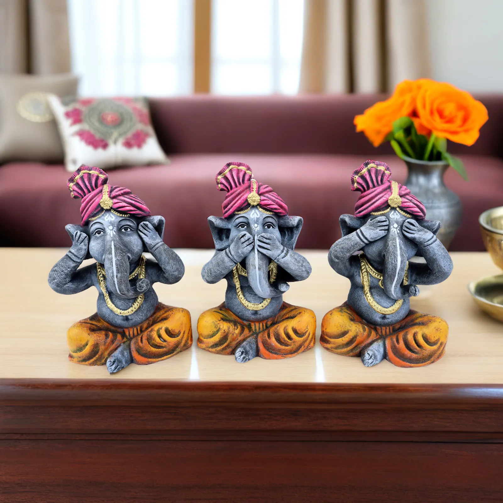 Ganesha Trio - Purple-Orange | Handmade Terracotta Clay Figurine | Abstract Terracotta Showpieces