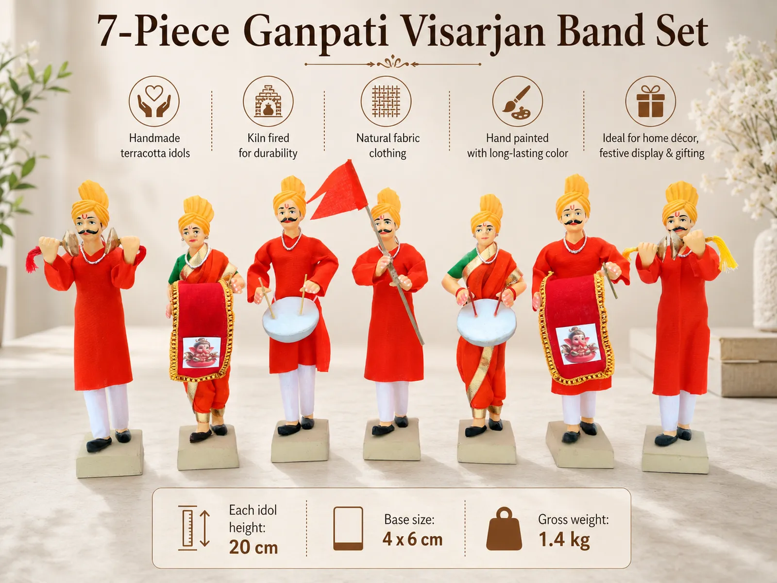 GANPATI VISARJAN Band - Set of 7 | Handmade Terracotta Clay Figurine | Standing Human Figure Idols