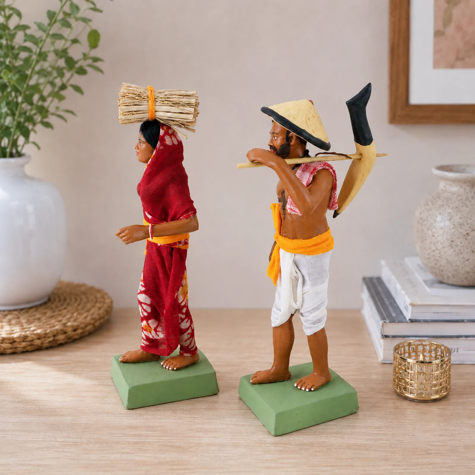 Indian Farmer Couple - Set of 2 | Handmade Terracotta Clay Figurine | Standing Human Figure Idols