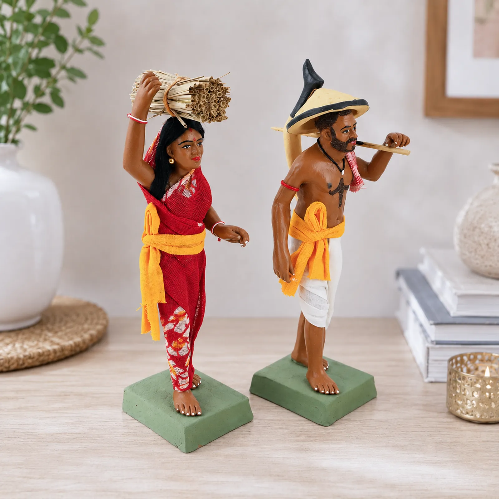 Indian Farmer Couple - Set of 2 | Handmade Terracotta Clay Figurine | Standing Human Figure Idols