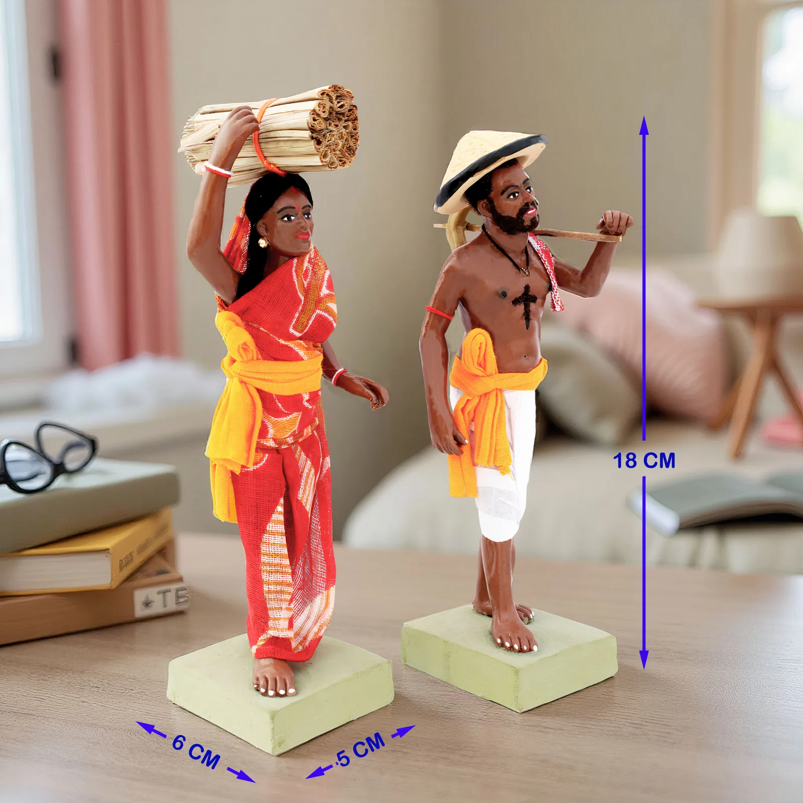 Indian Farmer Couple - Set of 2 | Handmade Terracotta Clay Figurine | Standing Human Figure Idols
