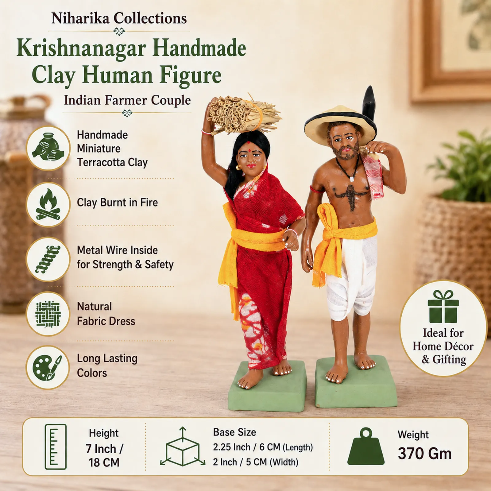 Indian Farmer Couple - Set of 2 | Handmade Terracotta Clay Figurine | Standing Human Figure Idols