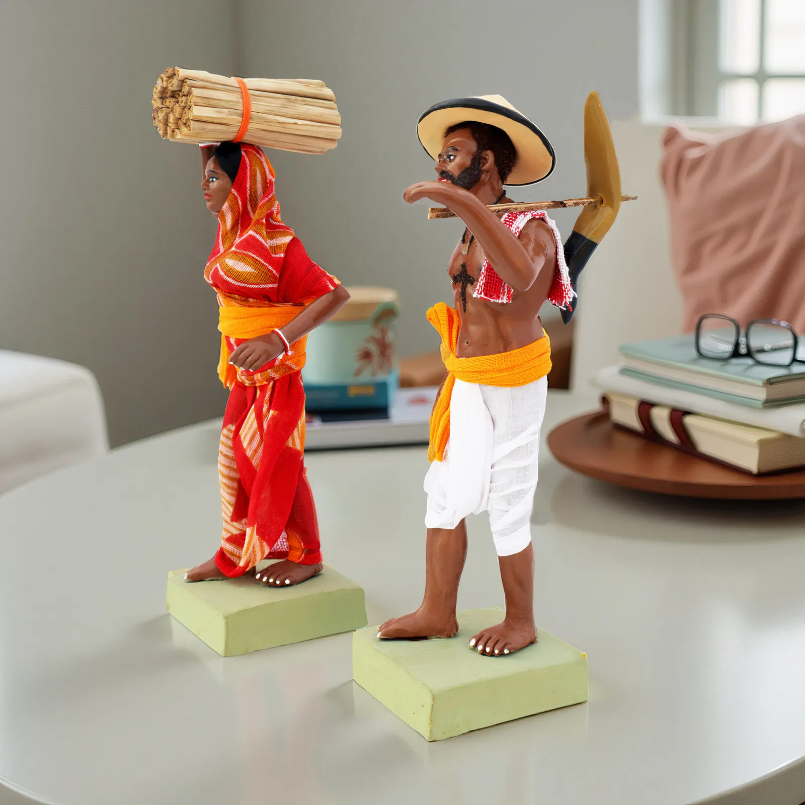 Indian Farmer Couple - Set of 2 | Handmade Terracotta Clay Figurine | Standing Human Figure Idols