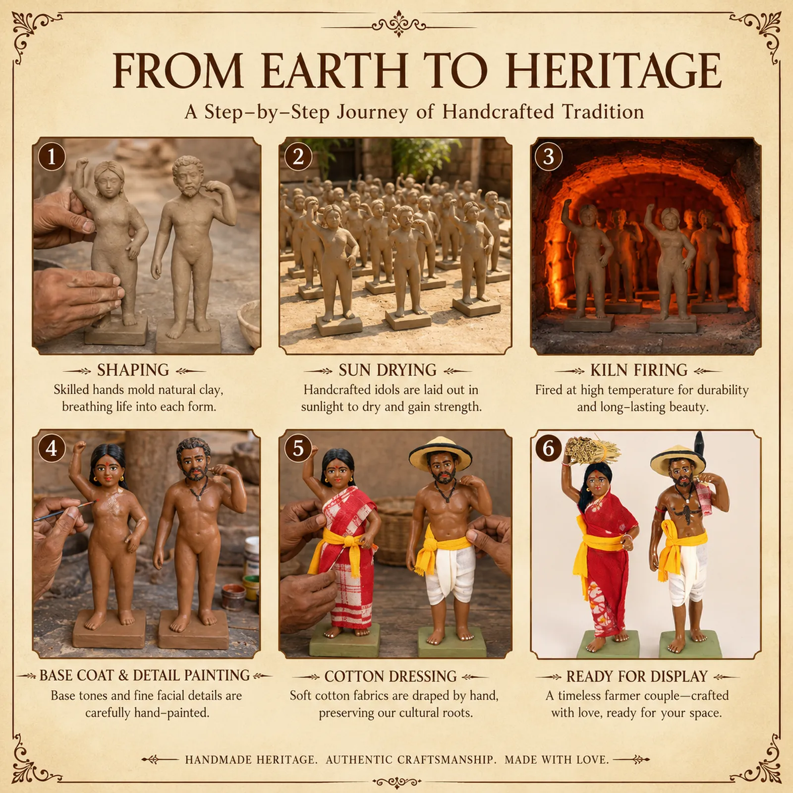 Indian Farmer Couple - Set of 2 | Handmade Terracotta Clay Figurine | Standing Human Figure Idols