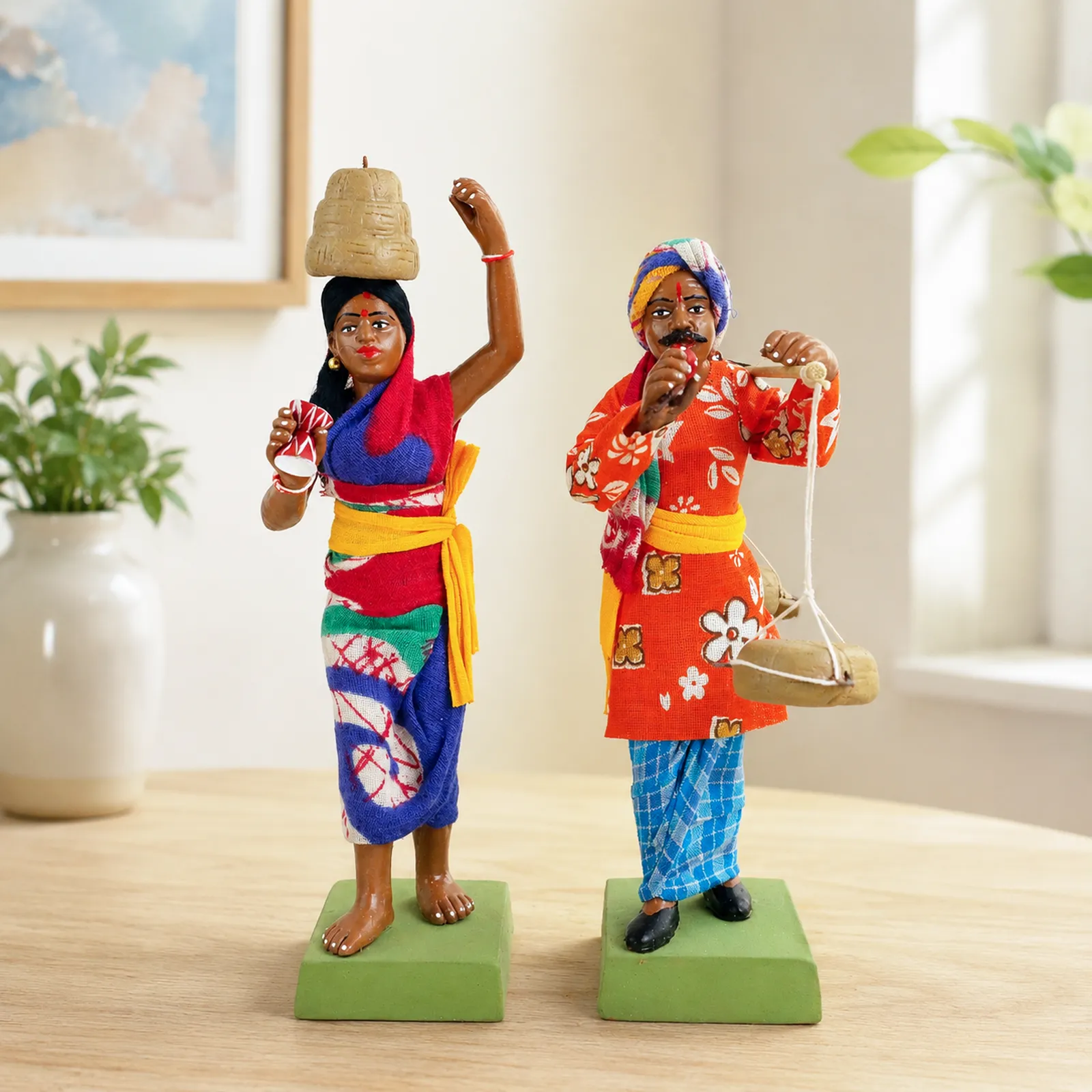 Indian Snake Charmer - Set of 2 | Handmade Terracotta Clay Figurine | Standing Human Figure Idols