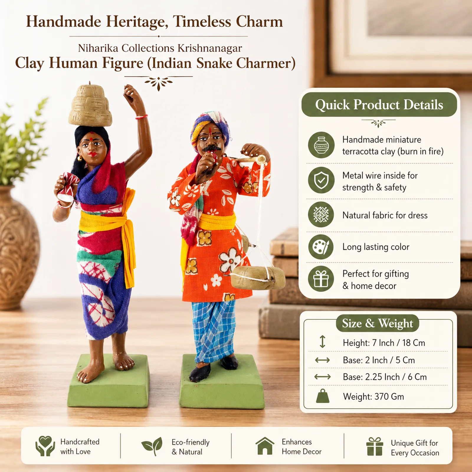 Indian Snake Charmer - Set of 2 | Handmade Terracotta Clay Figurine | Standing Human Figure Idols