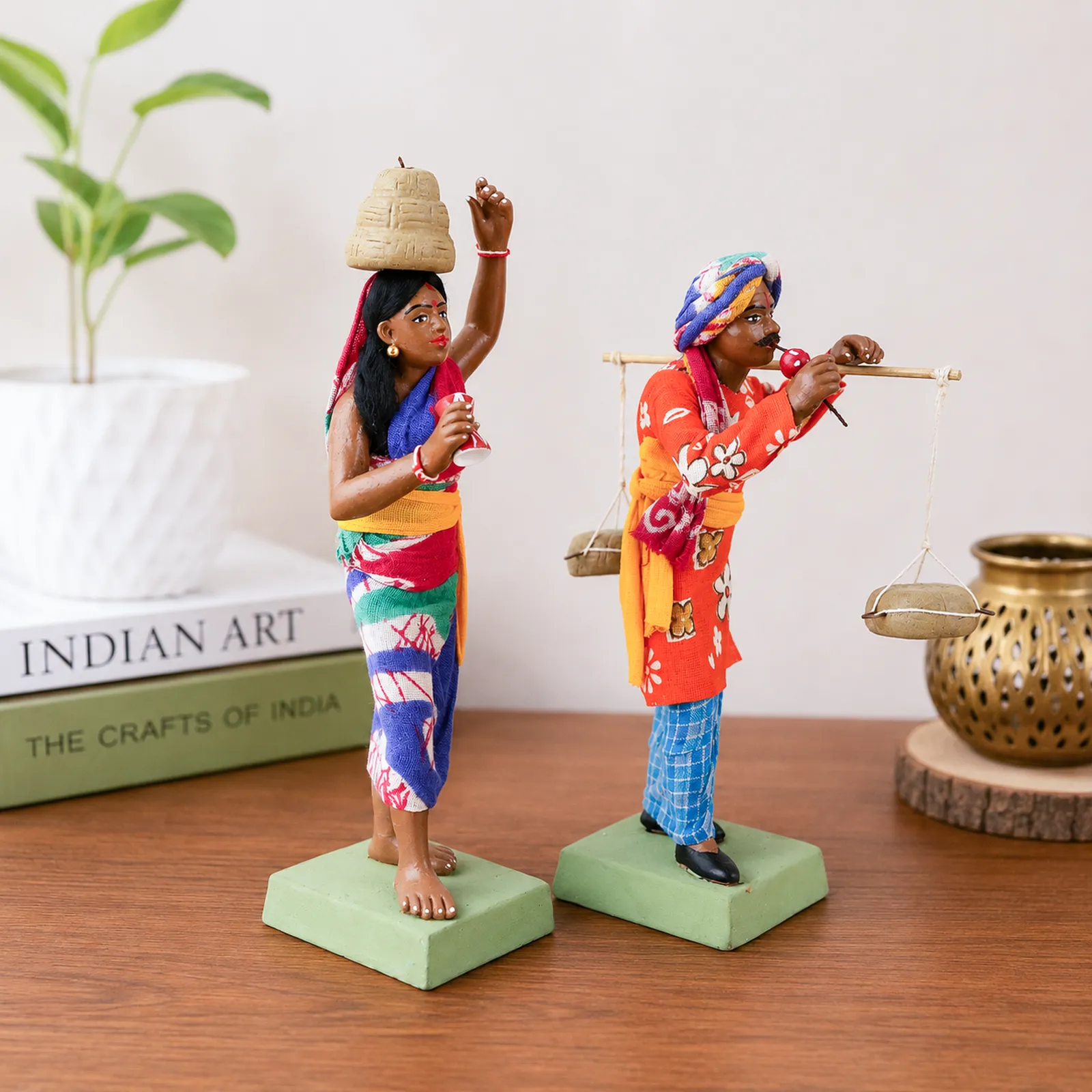 Indian Snake Charmer - Set of 2 | Handmade Terracotta Clay Figurine | Standing Human Figure Idols