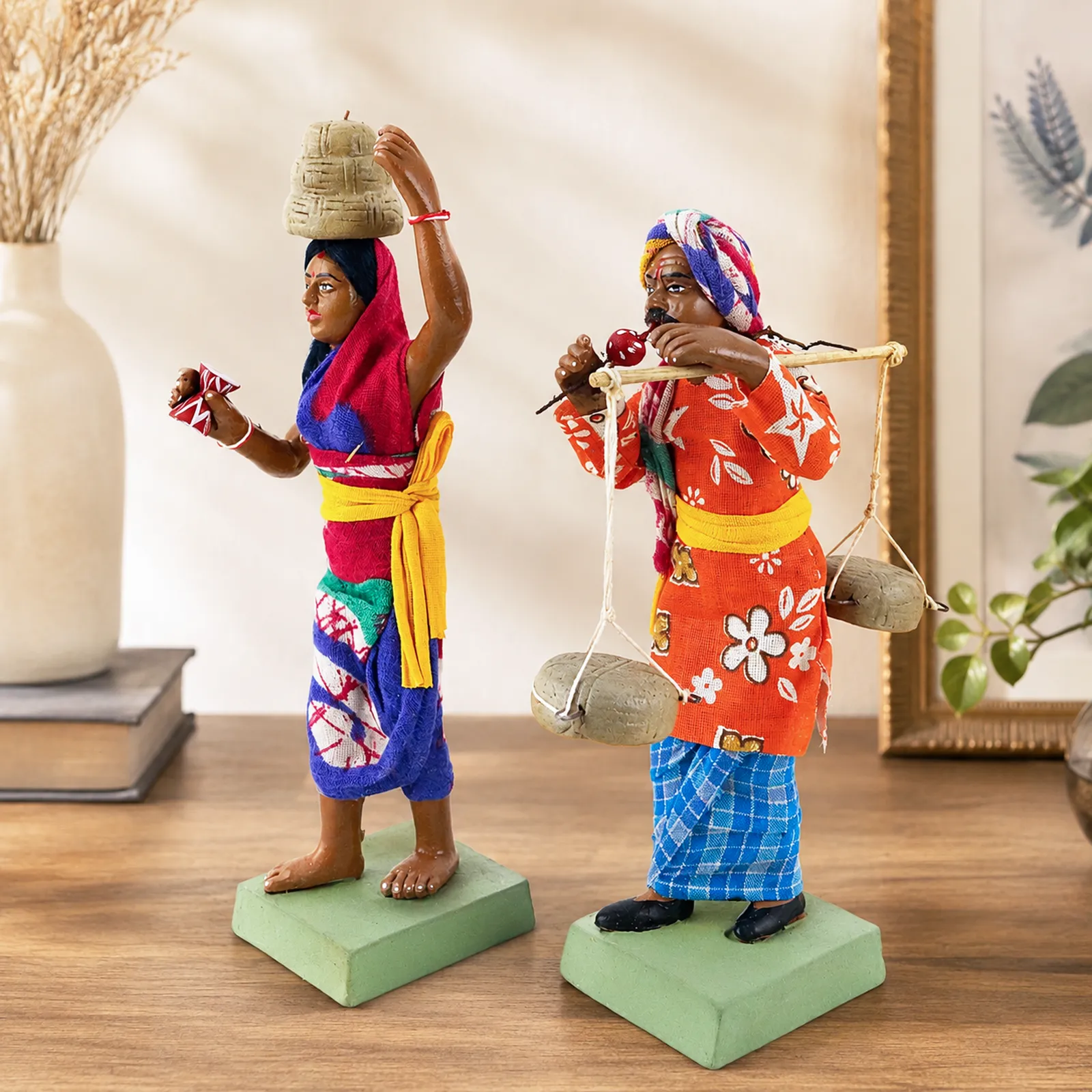 Indian Snake Charmer - Set of 2 | Handmade Terracotta Clay Figurine | Standing Human Figure Idols