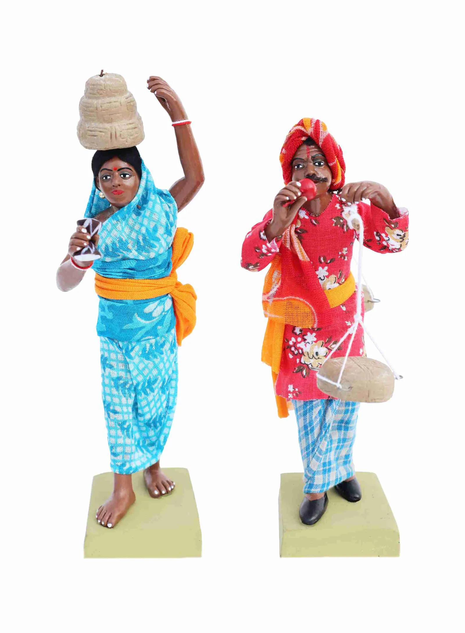 Indian Snake Charmer - Set of 2 | Handmade Terracotta Clay Figurine | Standing Human Figure Idols