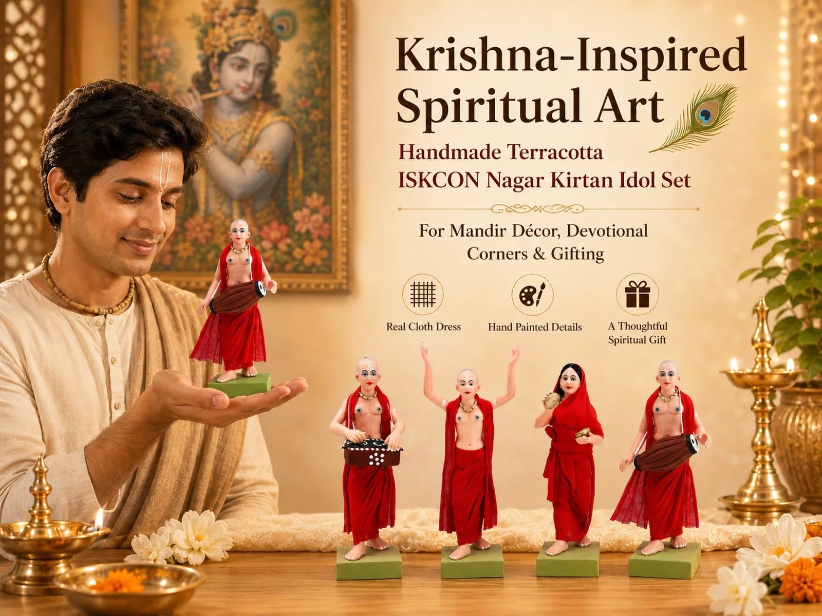 ISKCON Nagar Kirtan - Set of 4 -Red | Handmade Terracotta Clay Figurine | Standing Human Figure Idols
