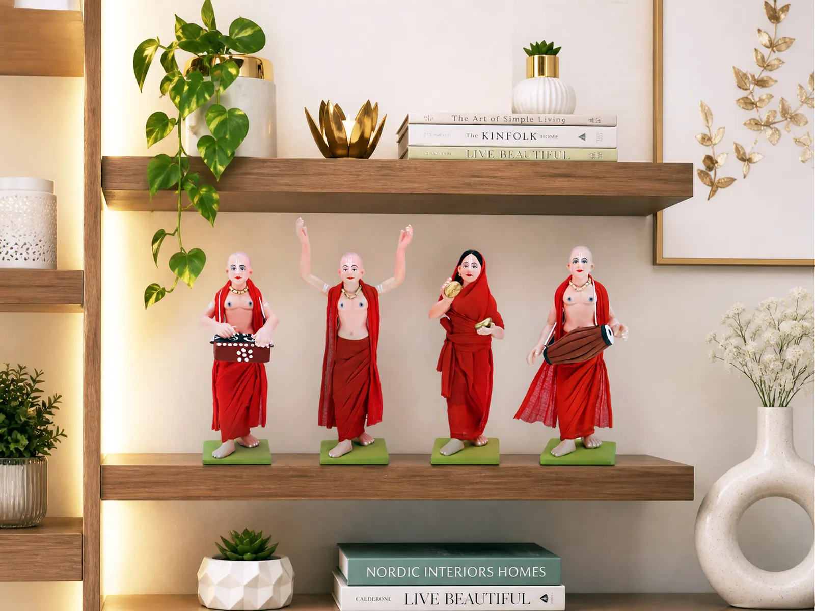 ISKCON Nagar Kirtan - Set of 4 -Red | Handmade Terracotta Clay Figurine | Standing Human Figure Idols