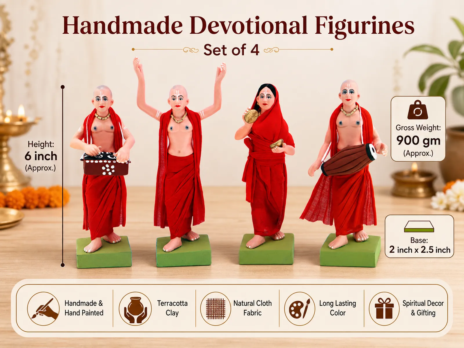 ISKCON Nagar Kirtan - Set of 4 -Red | Handmade Terracotta Clay Figurine | Standing Human Figure Idols