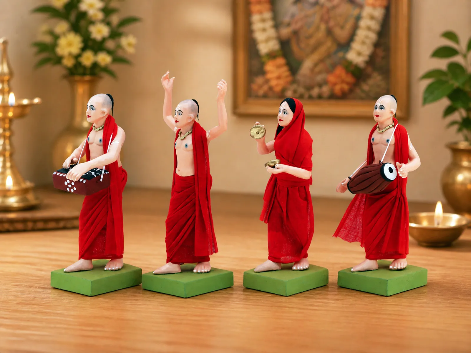 ISKCON Nagar Kirtan - Set of 4 -Red | Handmade Terracotta Clay Figurine | Standing Human Figure Idols