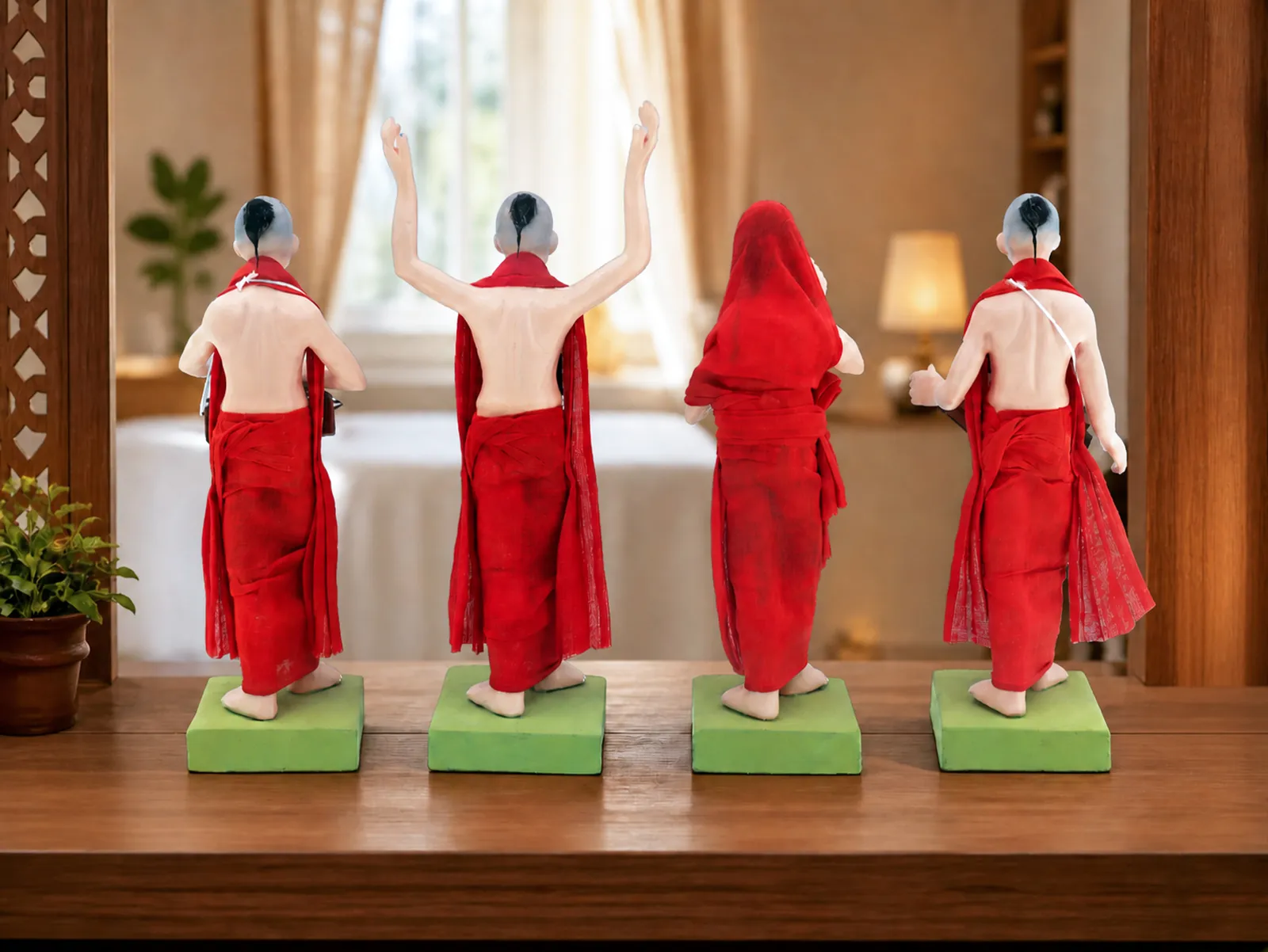 ISKCON Nagar Kirtan - Set of 4 -Red | Handmade Terracotta Clay Figurine | Standing Human Figure Idols