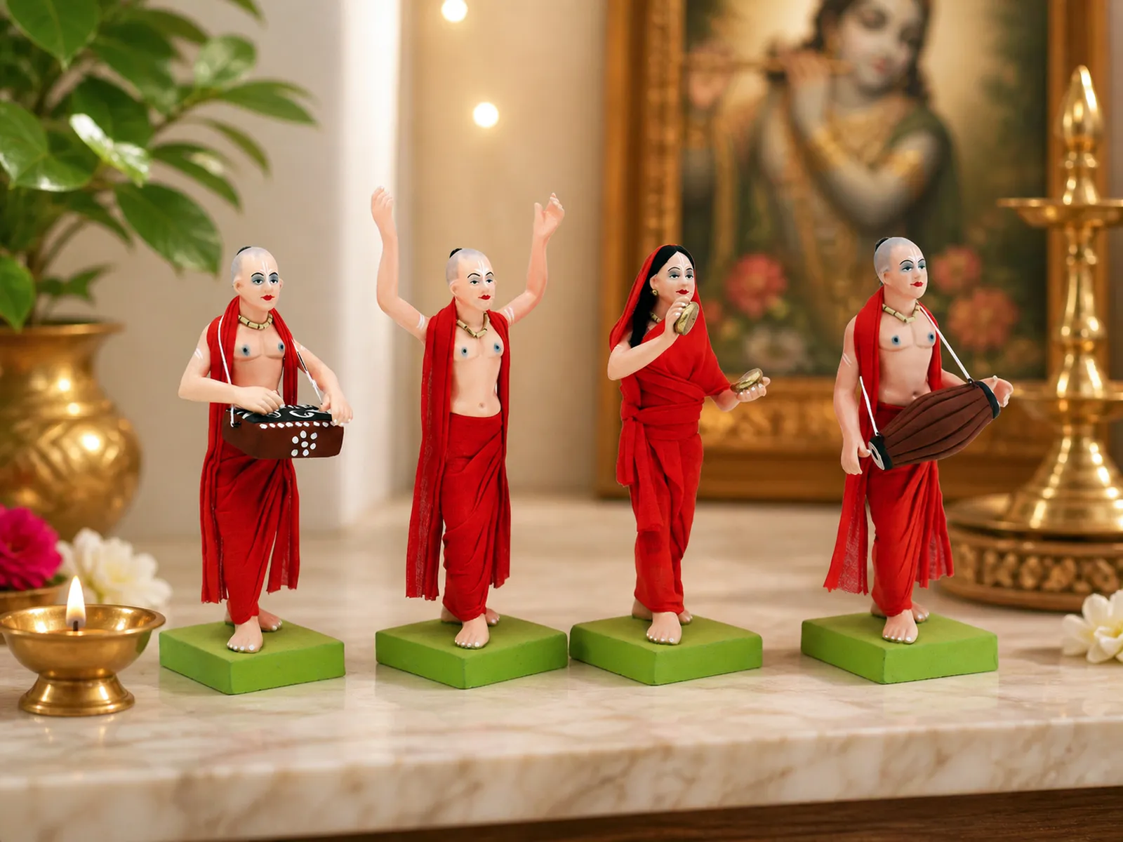 ISKCON Nagar Kirtan - Set of 4 -Red | Handmade Terracotta Clay Figurine | Standing Human Figure Idols