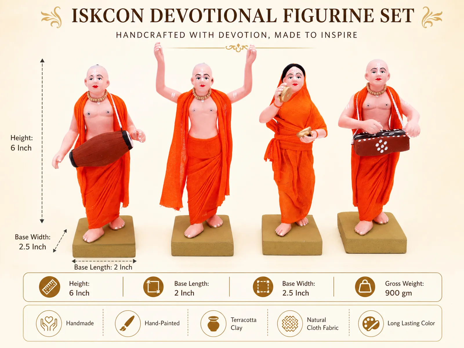 ISKCON Sankirtan Mandali - Set of 4 -Orange | Handmade Terracotta Clay Figurine | Standing Human Figure Idols