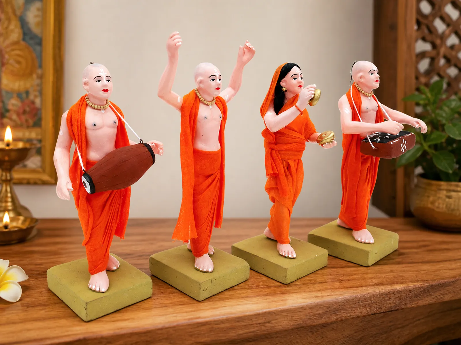 ISKCON Sankirtan Mandali - Set of 4 -Orange | Handmade Terracotta Clay Figurine | Standing Human Figure Idols