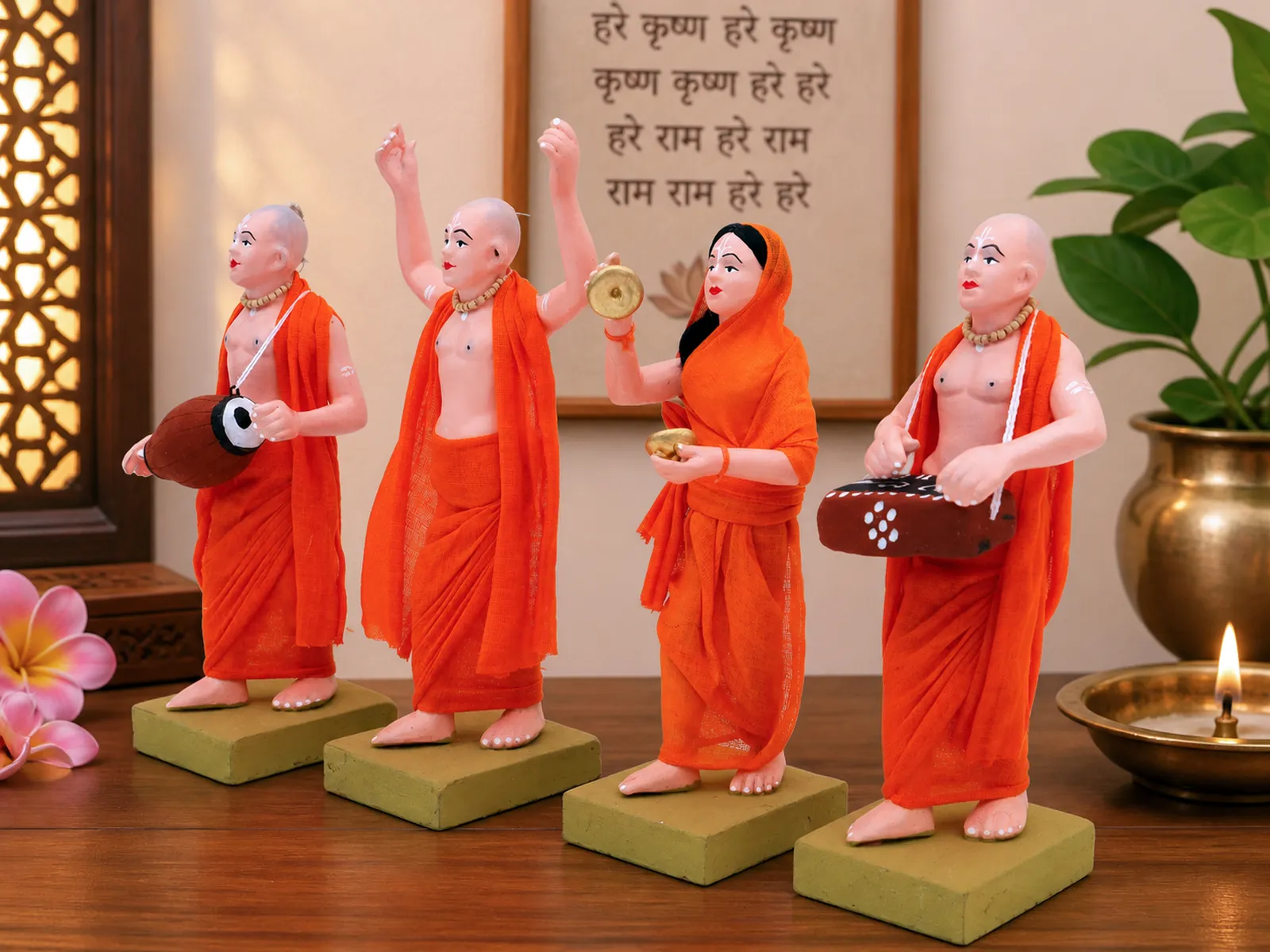 ISKCON Sankirtan Mandali - Set of 4 -Orange | Handmade Terracotta Clay Figurine | Standing Human Figure Idols