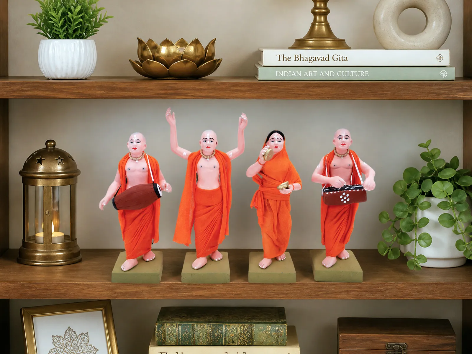 ISKCON Sankirtan Mandali - Set of 4 -Orange | Handmade Terracotta Clay Figurine | Standing Human Figure Idols