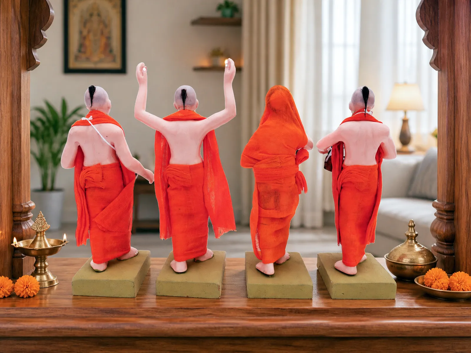 ISKCON Sankirtan Mandali - Set of 4 -Orange | Handmade Terracotta Clay Figurine | Standing Human Figure Idols
