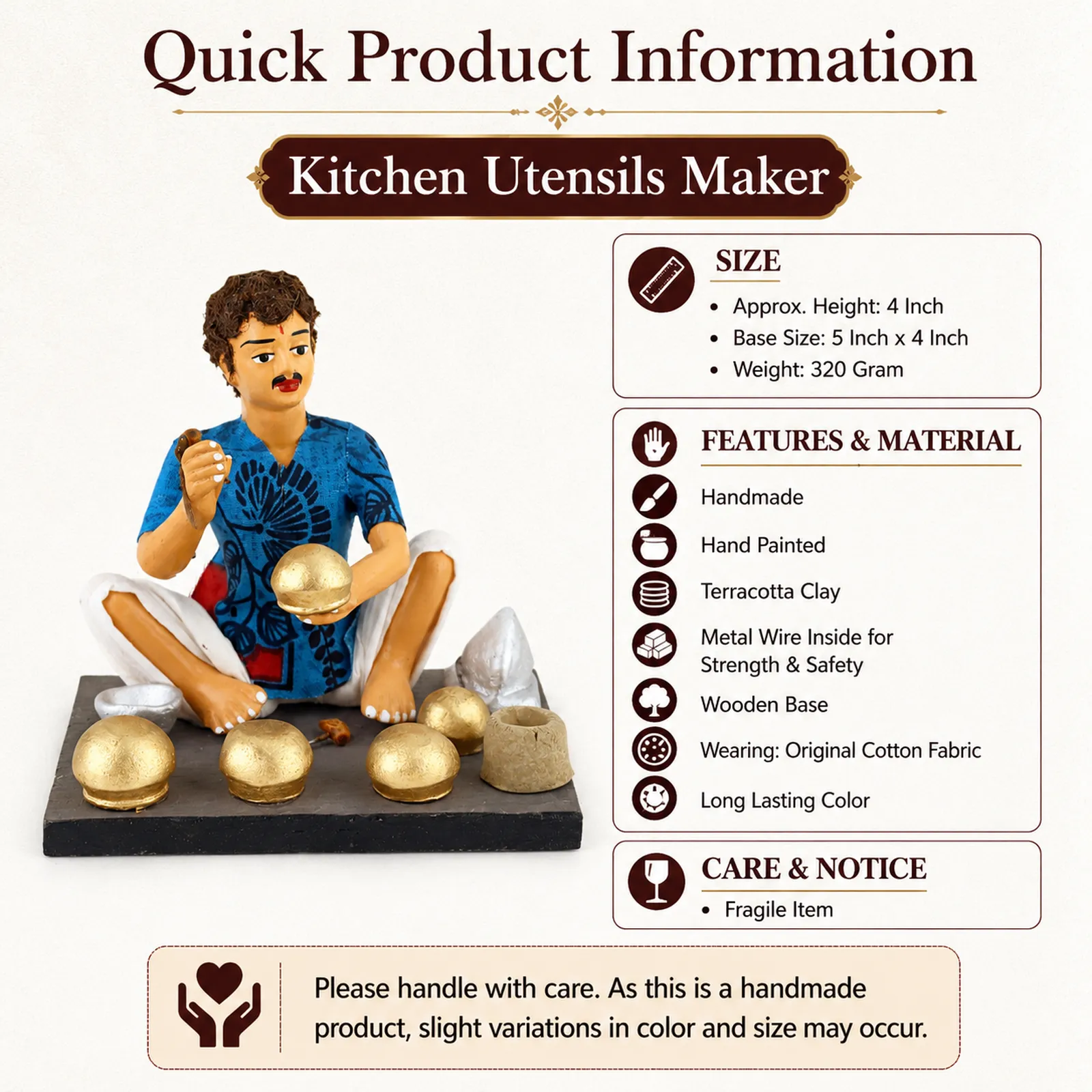 Kitchen Utensils Maker - Handmade Terracotta Clay Figurine | Basic Sitting Human Figure Idol