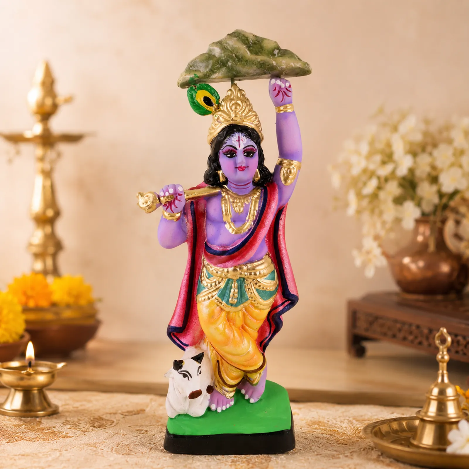 Krishna Lifting Govardhan Parbat - Clay Terracotta Idol | Spiritual and Cultural Art