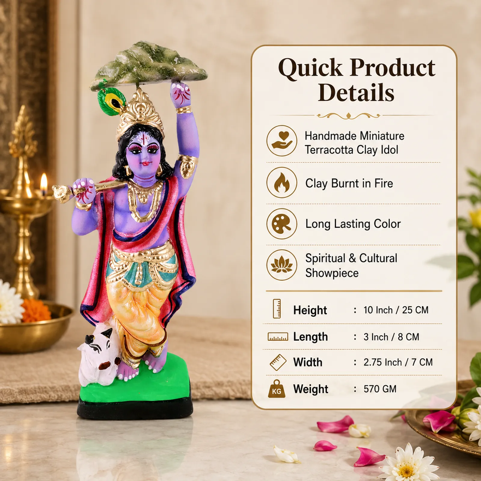 Krishna Lifting Govardhan Parbat - Clay Terracotta Idol | Spiritual and Cultural Art