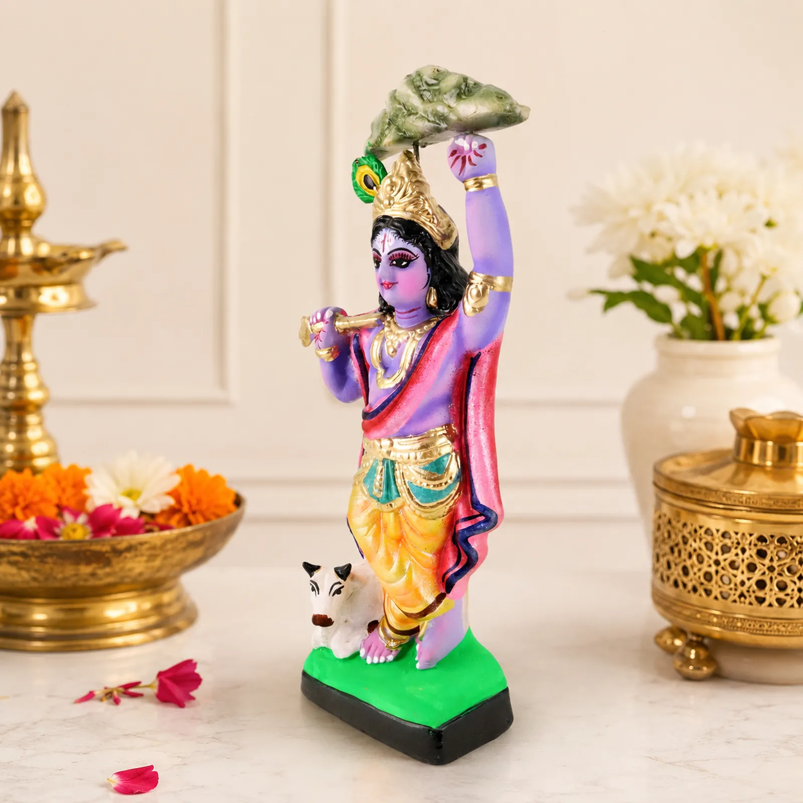 Krishna Lifting Govardhan Parbat - Clay Terracotta Idol | Spiritual and Cultural Art