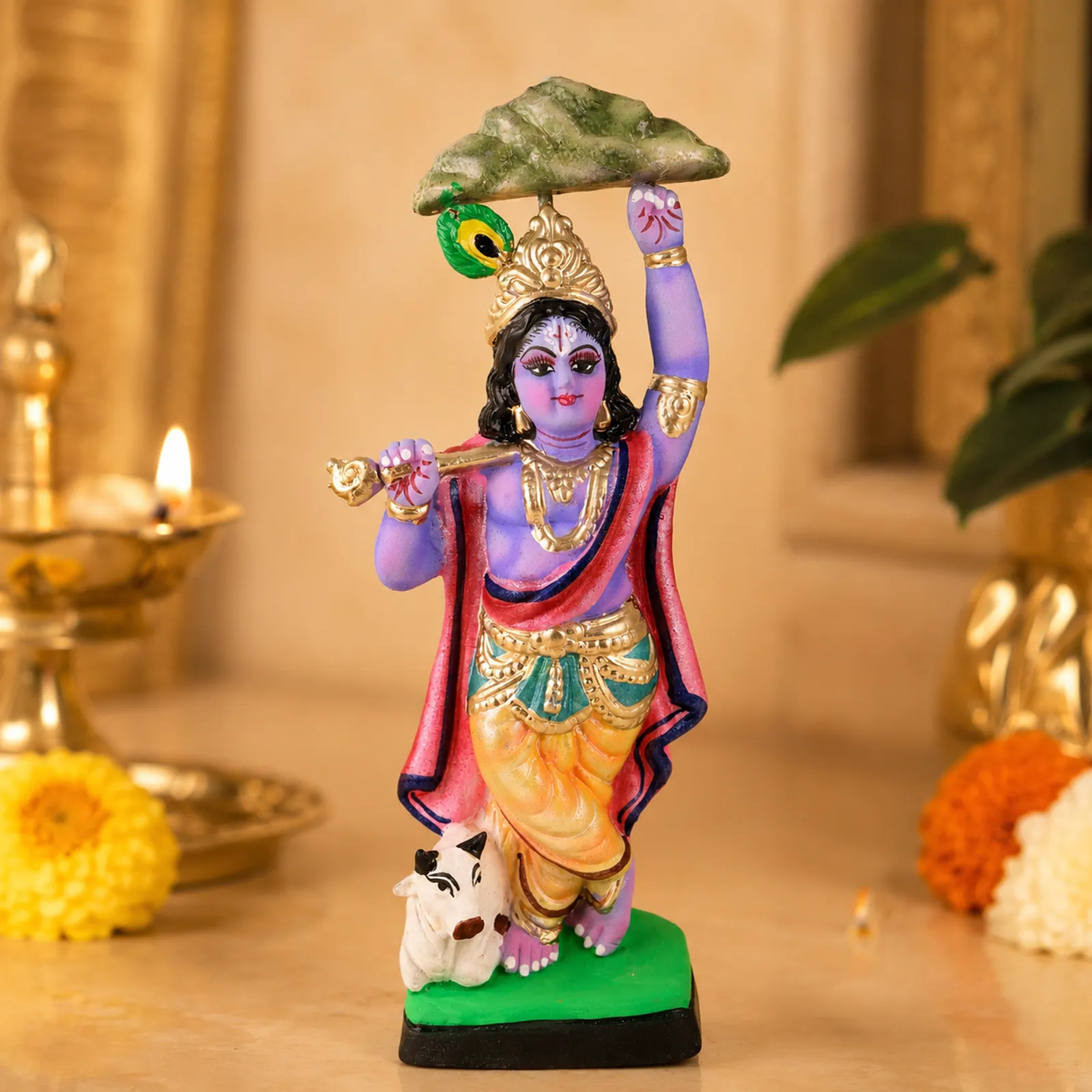 Krishna Lifting Govardhan Parbat - Clay Terracotta Idol | Spiritual and Cultural Art