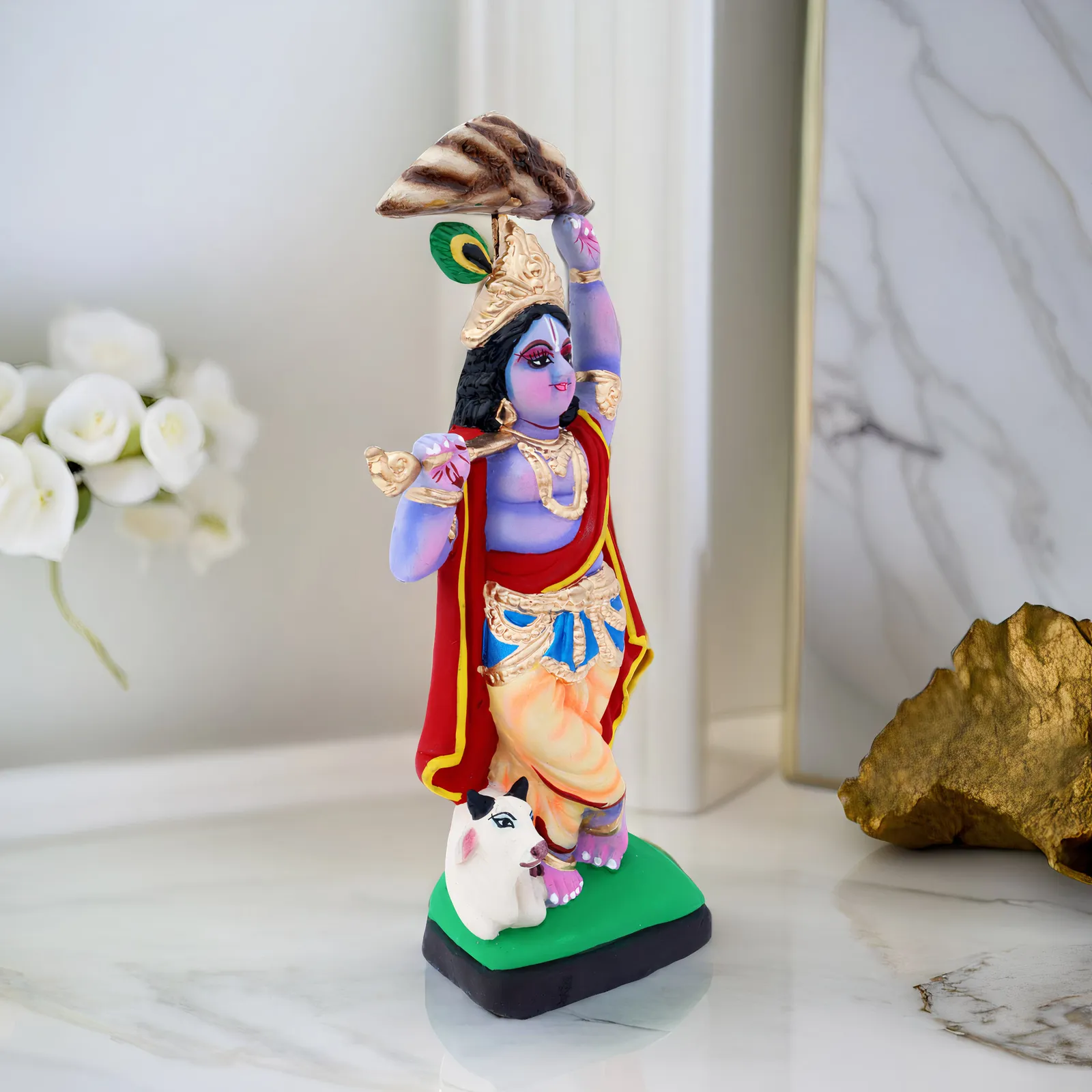 Krishna Lifting Govardhan Parbat - Clay Terracotta Idol | Spiritual and Cultural Art