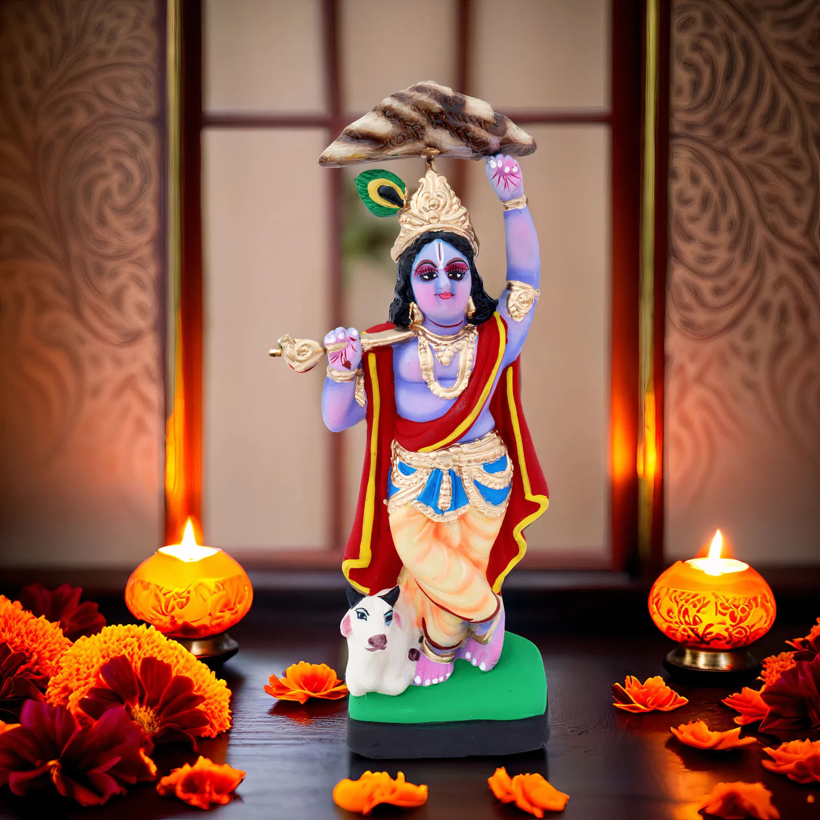 Krishna Lifting Govardhan Parbat - Clay Terracotta Idol | Spiritual and Cultural Art