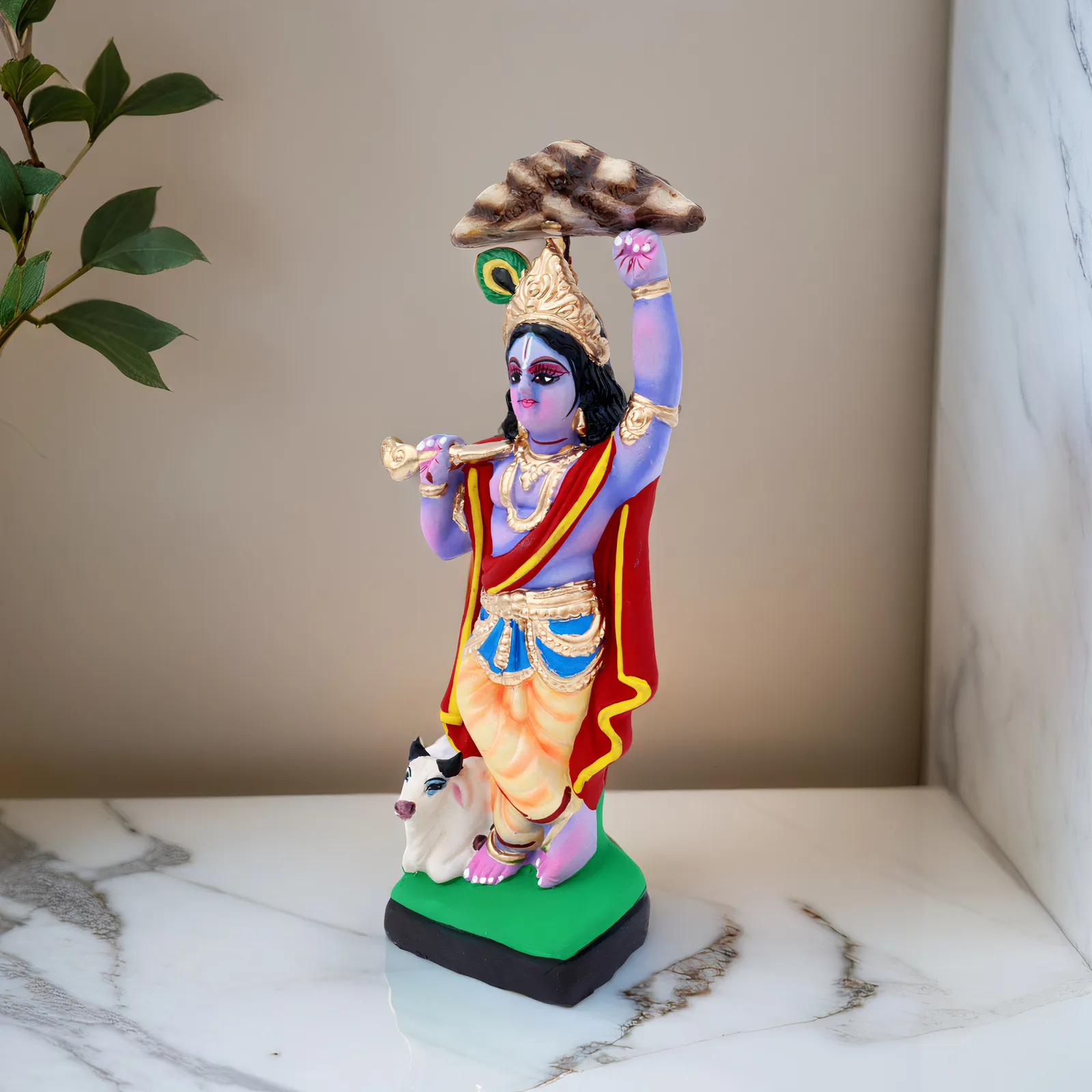 Krishna Lifting Govardhan Parbat - Clay Terracotta Idol | Spiritual and Cultural Art