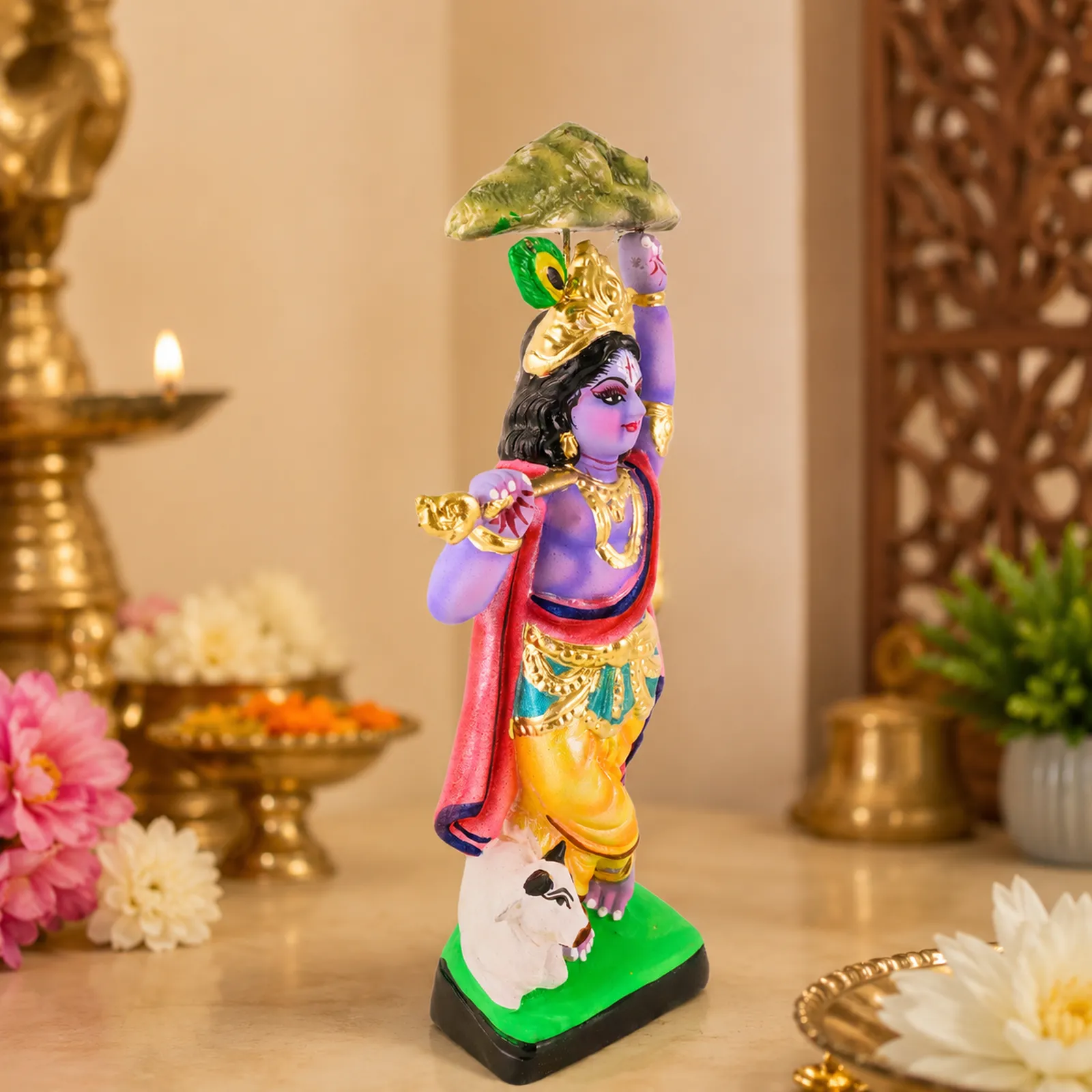 Krishna Lifting Govardhan Parbat - Clay Terracotta Idol | Spiritual and Cultural Art