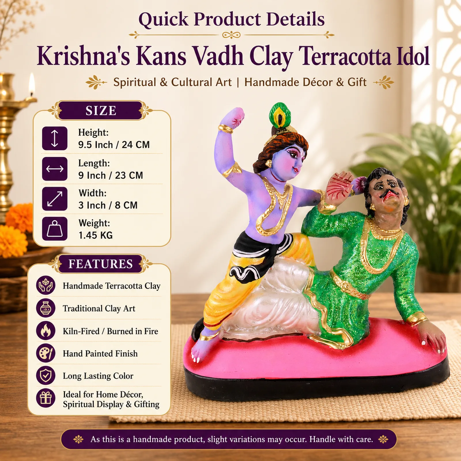 Krishna's Kans Vadh - Clay Terracotta Idol | Spiritual and Cultural Art