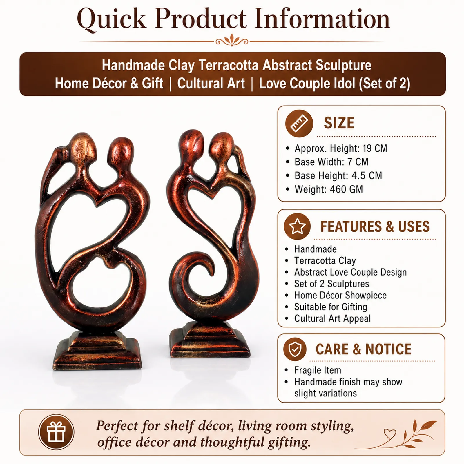 Love Couple - Metallic Bronze | Handmade Terracotta Clay Figurine | Abstract Terracotta Showpieces