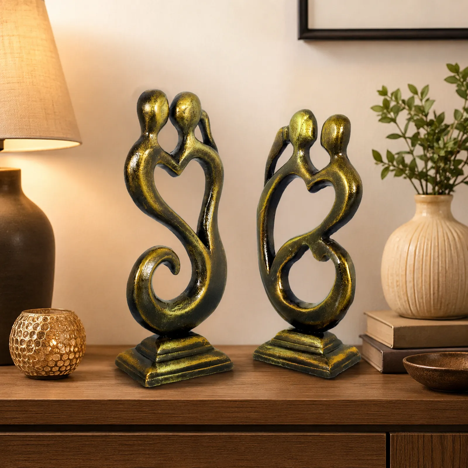 Love Couple - Metallic Golden | Handmade Terracotta Clay Figurine | Abstract Terracotta Showpieces