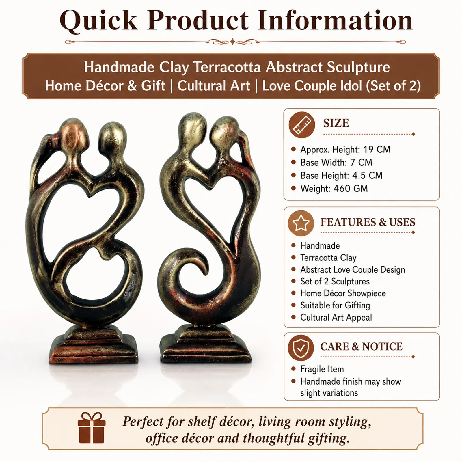Love Couple - Metallic Golden | Handmade Terracotta Clay Figurine | Abstract Terracotta Showpieces