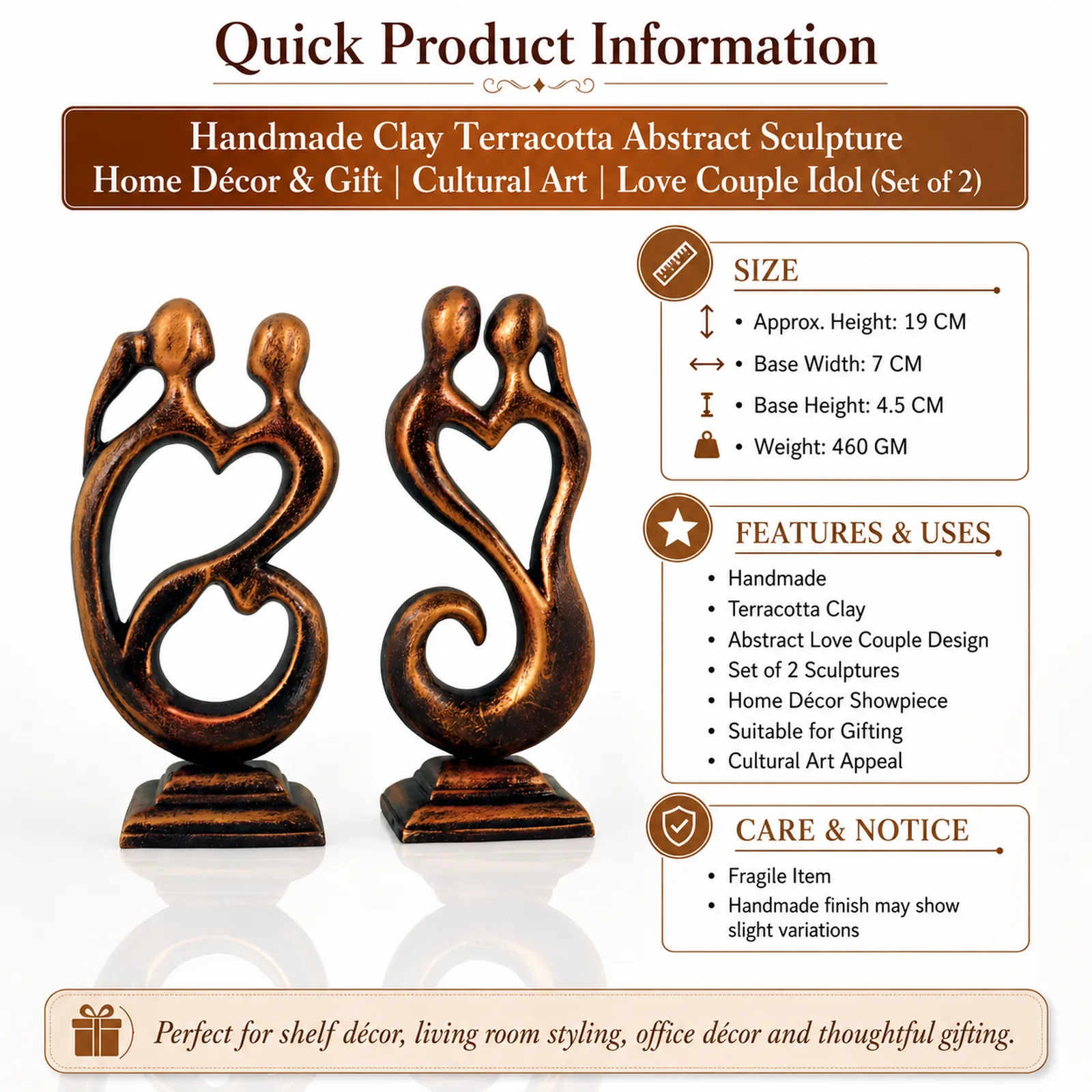 Love Couple - Sunset Golden | Handmade Terracotta Clay Figurine | Abstract Terracotta Showpieces
