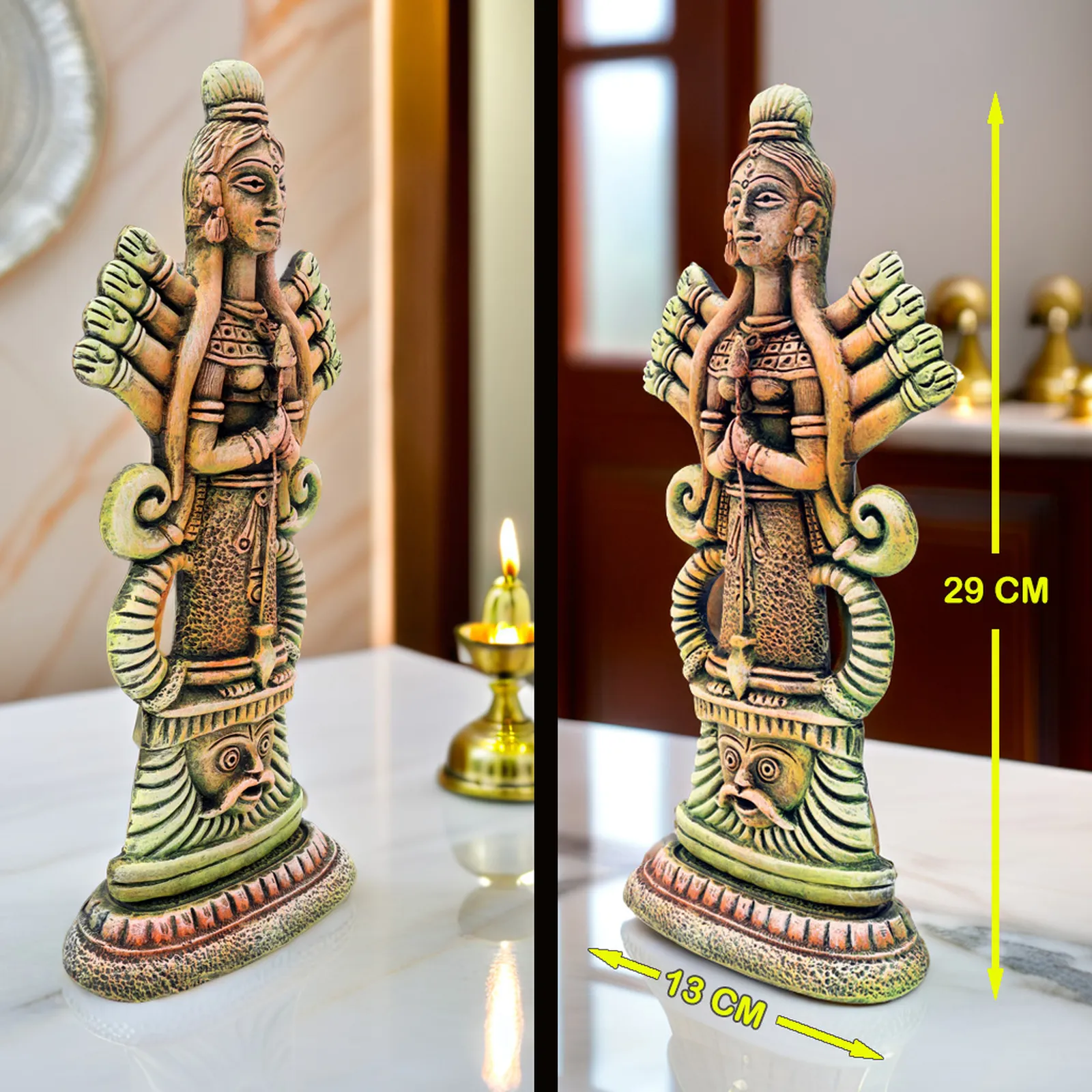 Mahishasuramardini Durga - Olive Green Shad | Handmade Terracotta Clay Figurine | Abstract Terracotta Showpieces