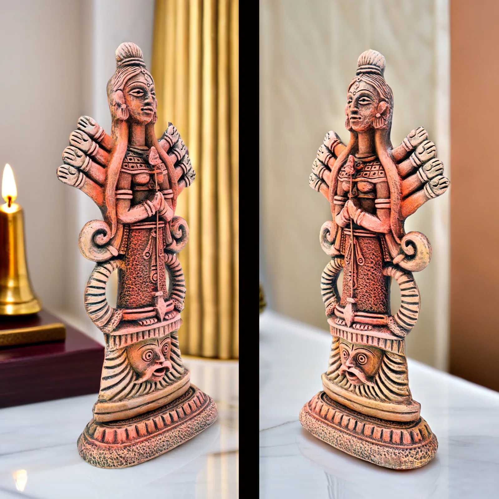 Mahishasuramardini Durga - Orange Shade | Handmade Terracotta Clay Figurine | Abstract Terracotta Showpieces
