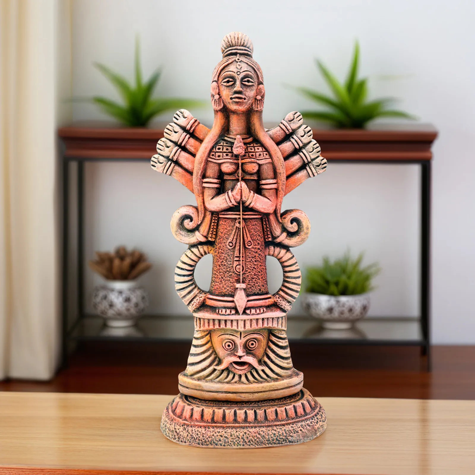 Mahishasuramardini Durga - Orange Shade | Handmade Terracotta Clay Figurine | Abstract Terracotta Showpieces