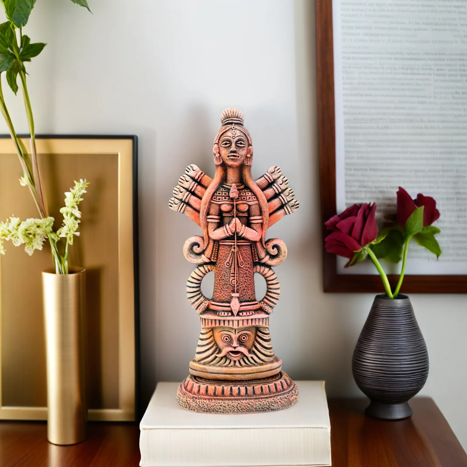 Mahishasuramardini Durga - Orange Shade | Handmade Terracotta Clay Figurine | Abstract Terracotta Showpieces