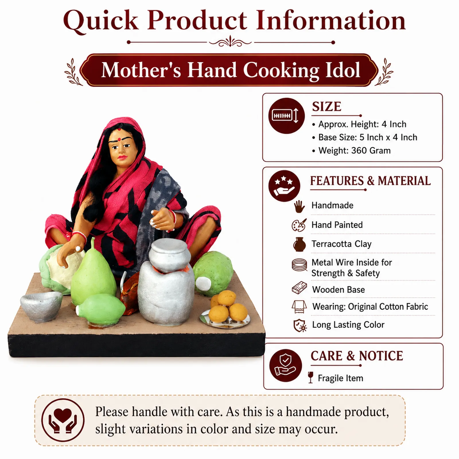 Mother's Hand Cooking - Handmade Terracotta Clay Figurine | Basic Sitting Human Figure Idol
