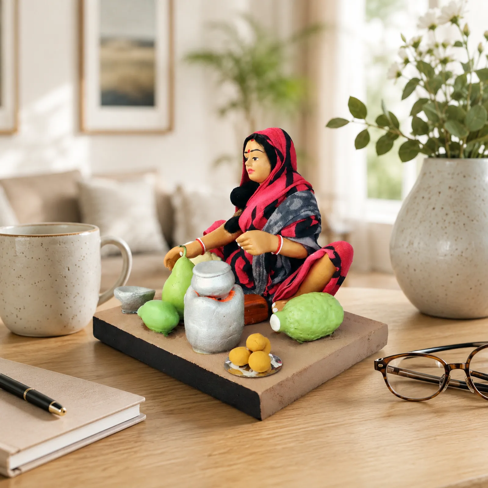 Mother's Hand Cooking - Handmade Terracotta Clay Figurine | Basic Sitting Human Figure Idol