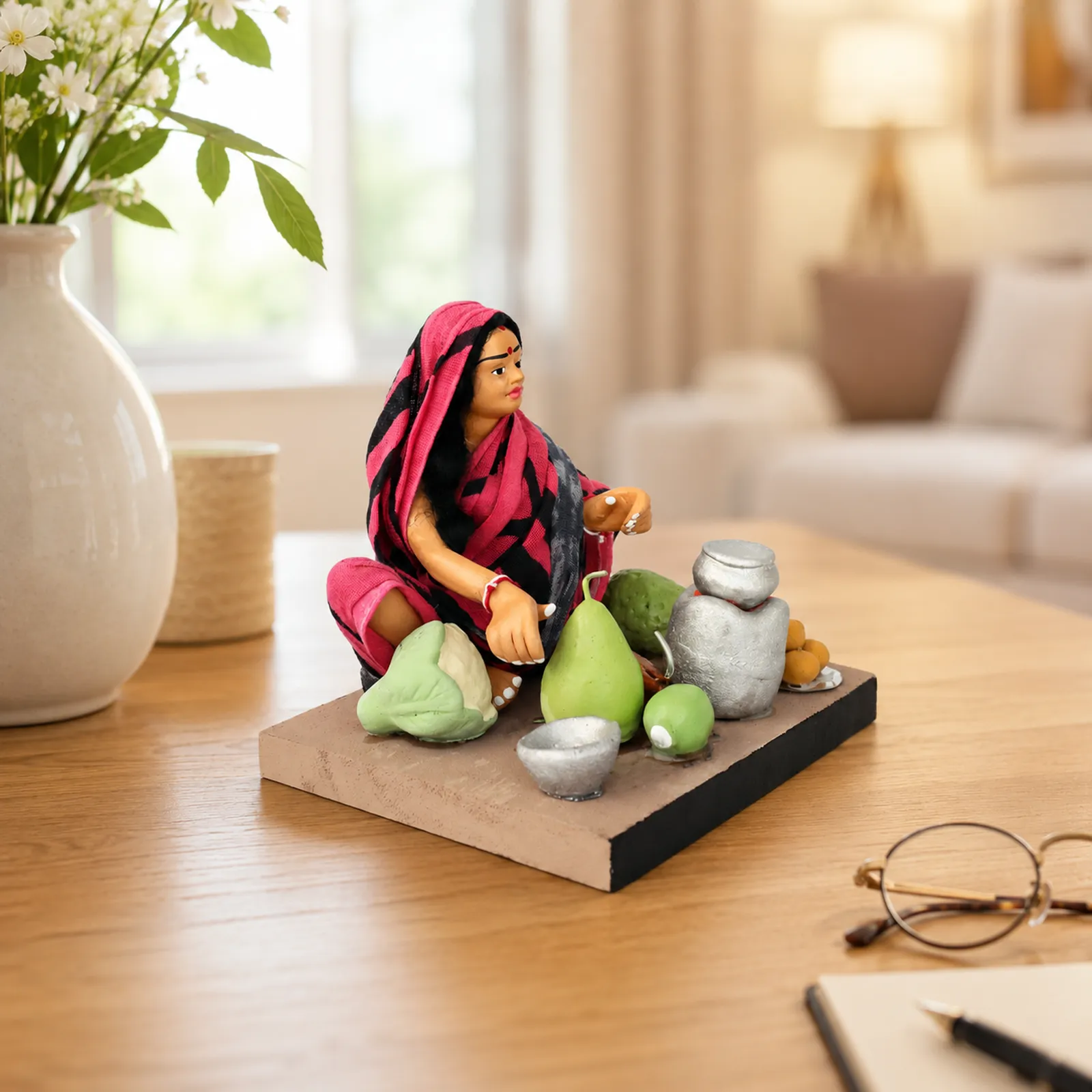 Mother's Hand Cooking - Handmade Terracotta Clay Figurine | Basic Sitting Human Figure Idol