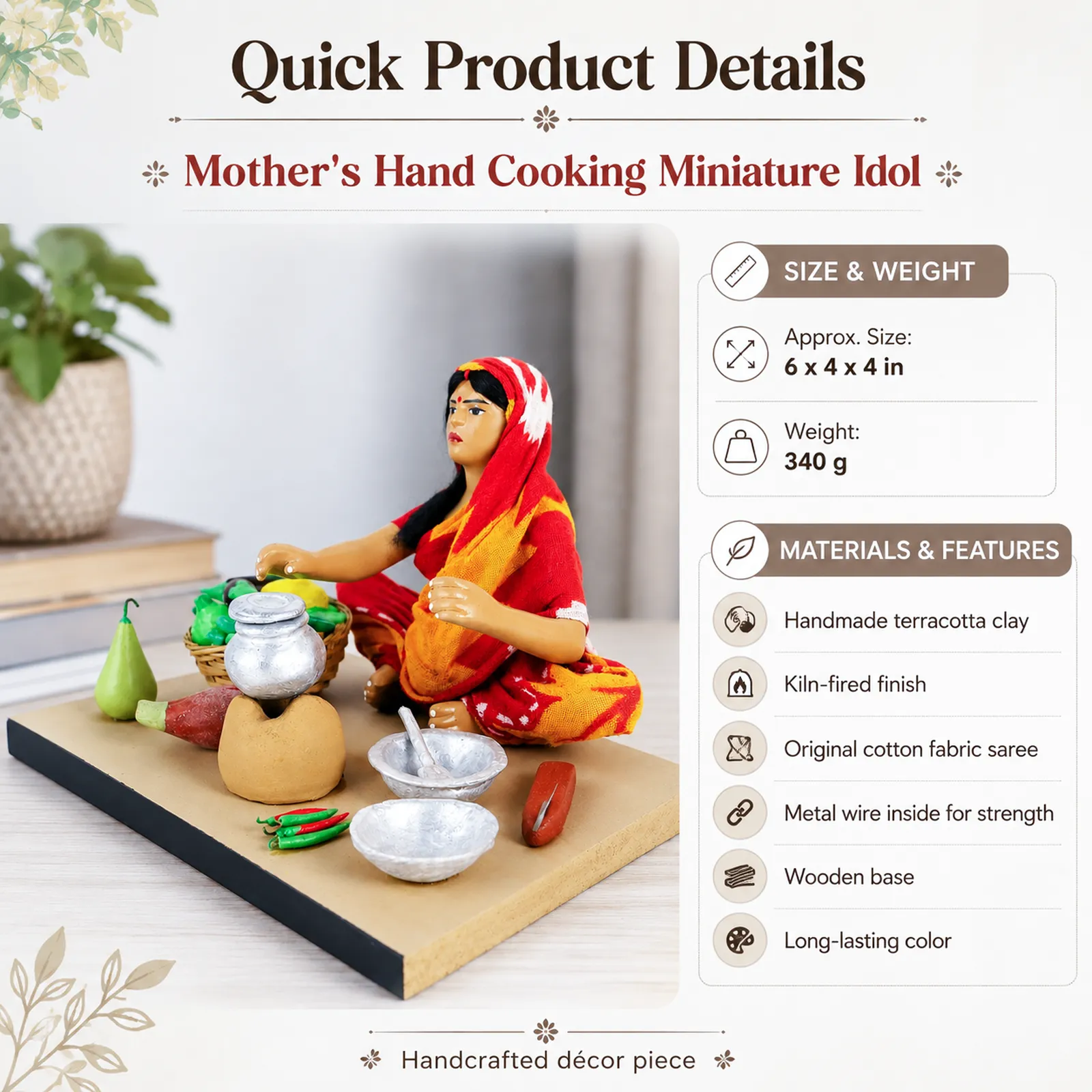 Mother's Hand Cooking - Handmade Terracotta Clay Figurine | Standard Sitting Human Figure Idol