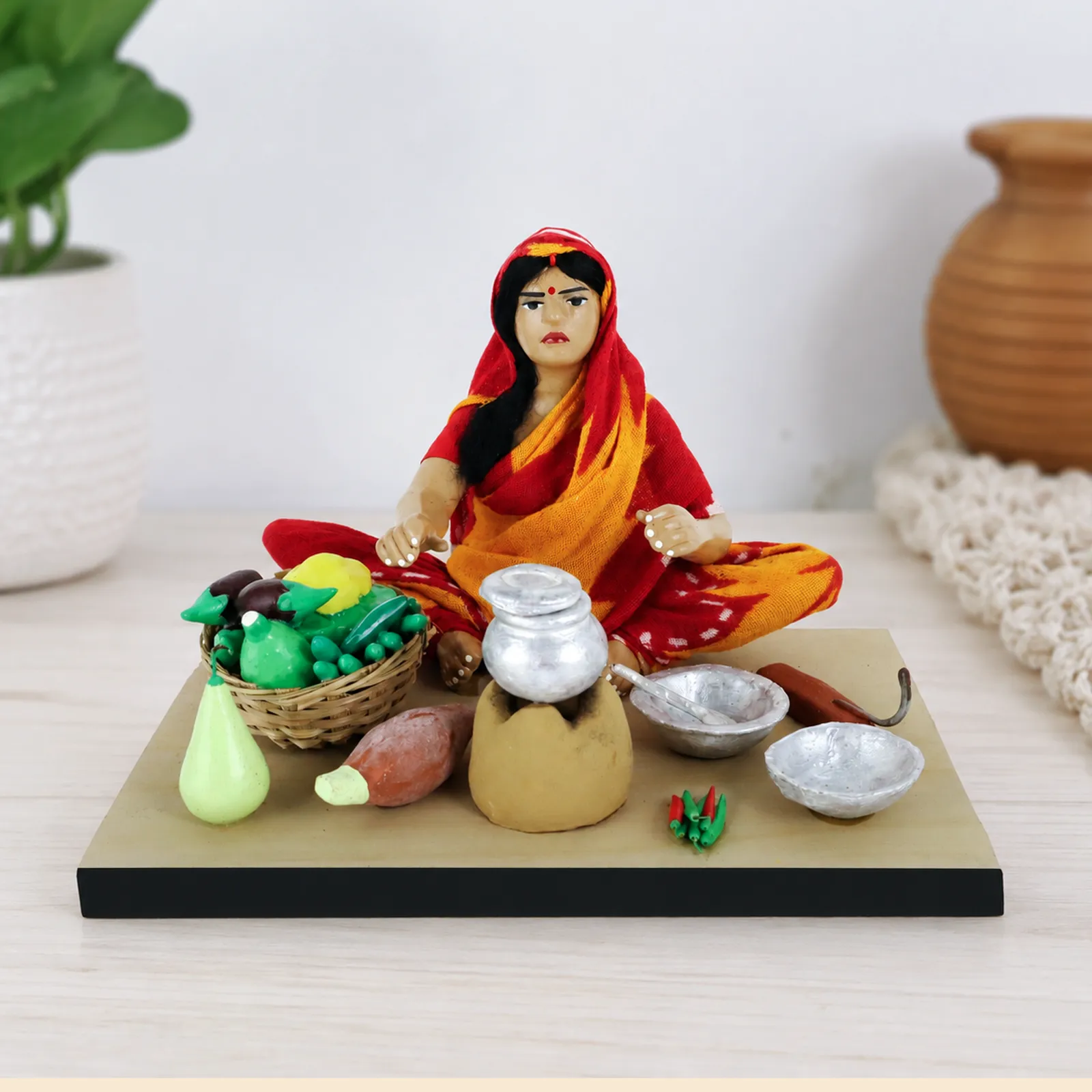 Mother's Hand Cooking - Handmade Terracotta Clay Figurine | Standard Sitting Human Figure Idol