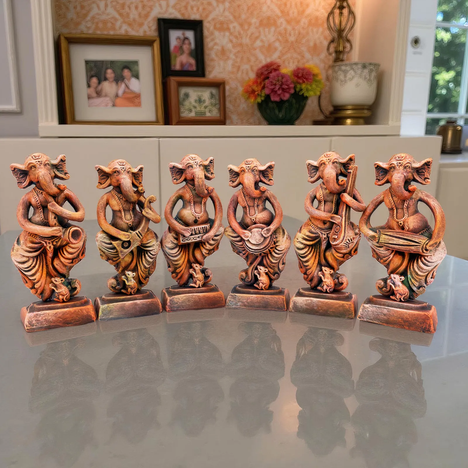 Musical Ganesha - Orange Shade | Handmade Terracotta Clay Figurine | Abstract Terracotta Showpieces